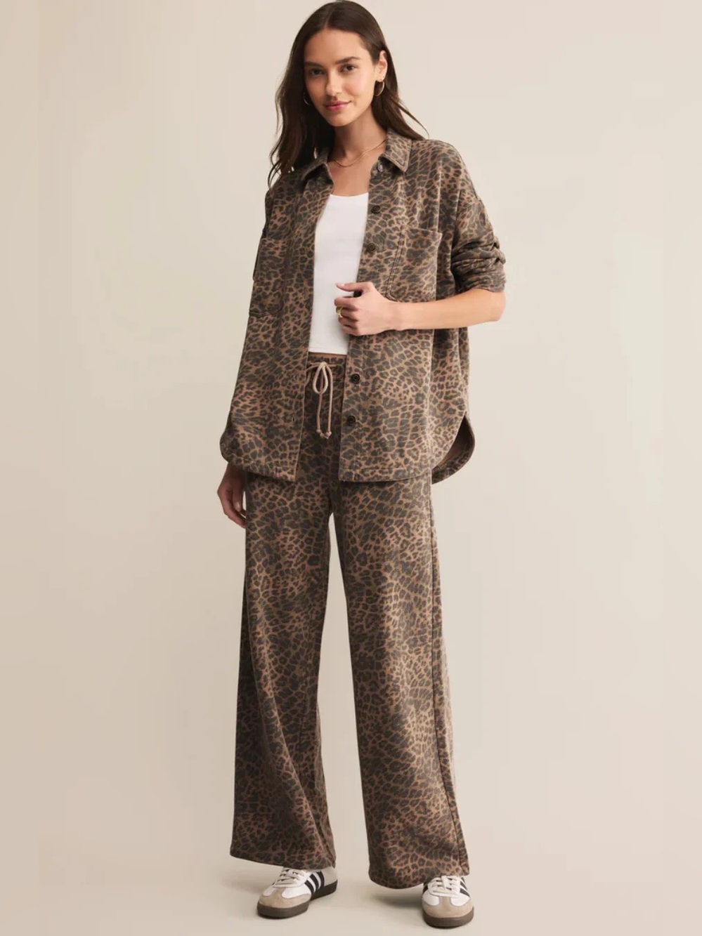 Z Supply HUNTER LEOPARD KNIT PANT Desert Tan Wide-Leg Lounge Pants 100% cotton
